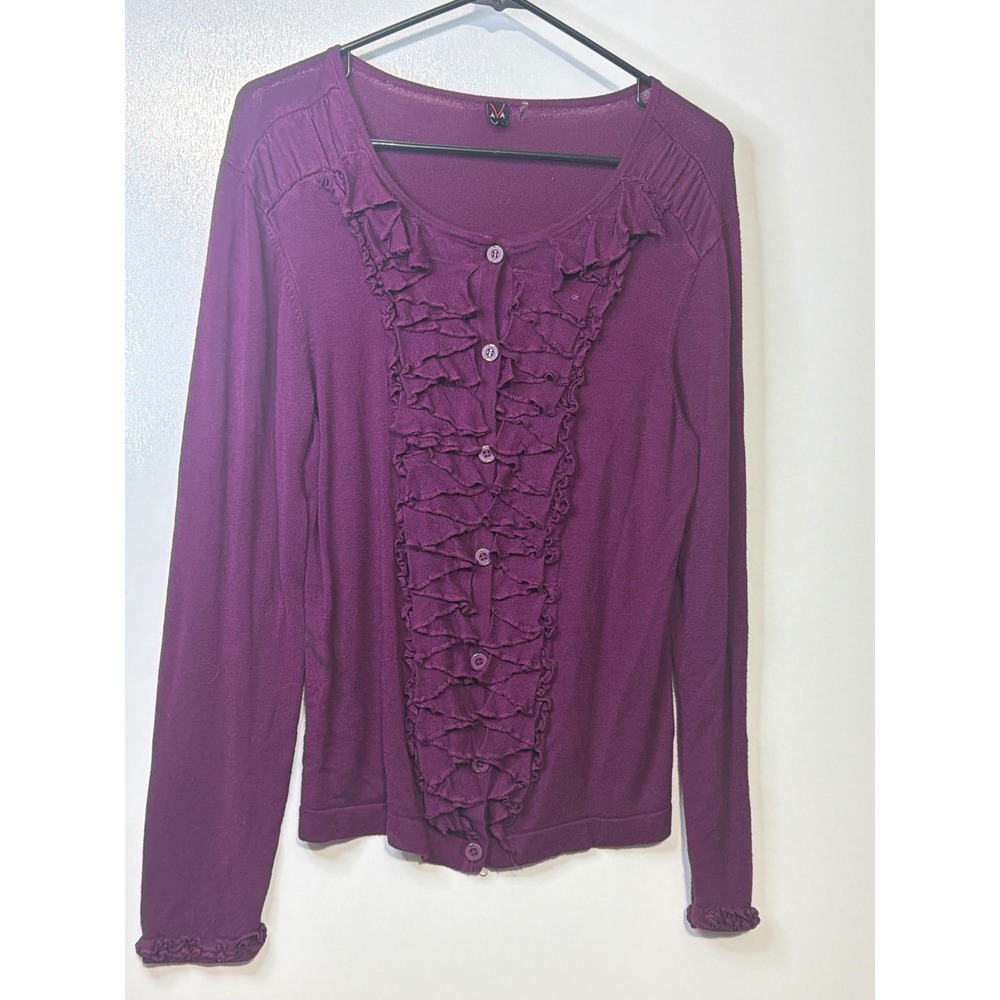 AVA Plum Purple Ruffle Front Button Down Cardigan Sweater Large